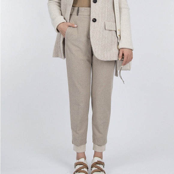 Peserico Pants - PESERICO Beige High-waisted Wool Pants/Trousers with Knit Cuff Hem